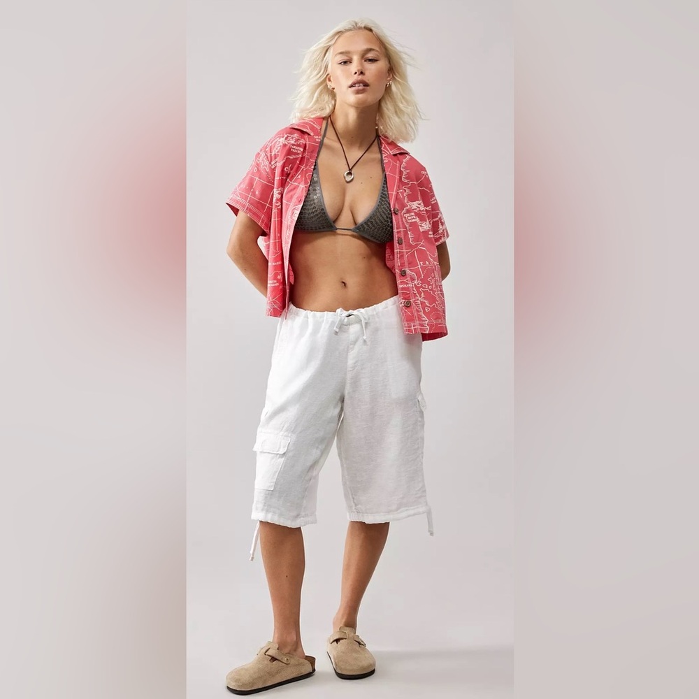 BDG Urban Outfitters Map Print Cropped Button Up Shirt Coral Pacific Northwest S - Picture 2 of 8